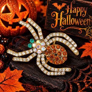 Rhinestone Brown Spider Brooch Pin – Halloween Jewelry - 2"